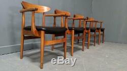 4 Danish Teak Dining Chairs Upholster in Real Leather Mid Century Modern Vintage