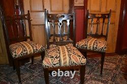 4 Dark Oak Arts and Crafts Chairs Upholstered in Liberty Langthorne C1890-1900
