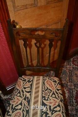 4 Dark Oak Arts and Crafts Chairs Upholstered in Liberty Langthorne C1890-1900