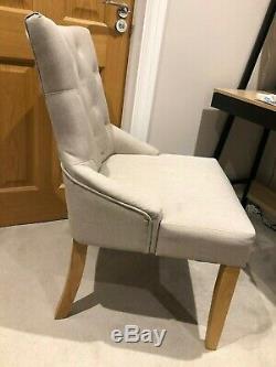 4 Dining Chair Set Beige/Grey Fabric Upholstered, Chesterfield Style