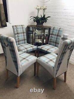 4 Multiyork Dining Chairs newly upholstered In Checked Fabric