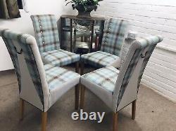 4 Multiyork Dining Chairs newly upholstered In Checked Fabric