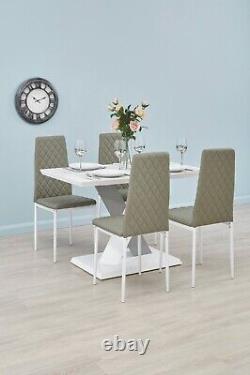 4 Sleek Sage Grey Hatched Faux Leather Dining Chairs Powder Coated White Legs