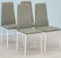 4 Sleek Sage Grey Hatched Faux Leather Dining Chairs Powder Coated White Legs