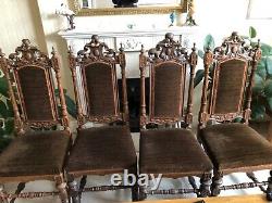 4 Victorian Gothic Hand Carved Dining Chairs