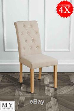 4 x GENOA HIGH QUALITY UPHOLSTERED SCROLL BACK DINING CHAIR BEIGE NATURAL LEGS