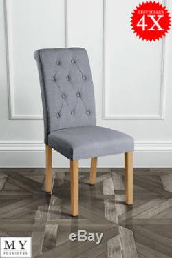 4 x GENOA HIGH QUALITY UPHOLSTERED SCROLL BACK DINING CHAIR GREY NATURAL LEGS