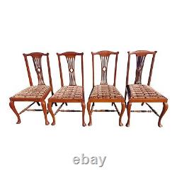4 x Vintage Chippendale Style Dining Chairs Carved & Turned Mahogany Upholstered
