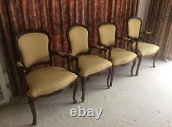 4 x french carver style dining/bedroom chairs upholstered gold with arm rests