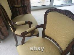 4 x french carver style dining/bedroom chairs upholstered gold with arm rests