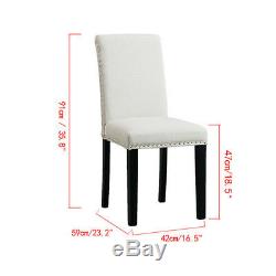 4x Beige Upholstered High Back Fabric Rivets Dining Chairs Wood Legs Diningroom