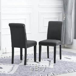 4x Dining Chairs Dark Grey Upholstered Fabric with Rivets Wood Legs Diningroom