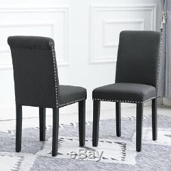 4x Dining Chairs Dark Grey Upholstered Fabric with Rivets Wood Legs Diningroom