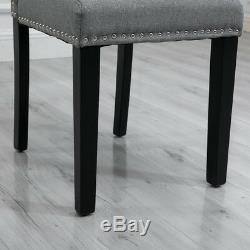 4x High Back Grey Upholstered Fabric with Rivets Dining Chairs Wood Leg Diningroom