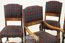 6 Antique Dining Chairs, Carved Oak Upholstered Chairs, Scotland 1920, B1778