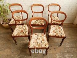 6 Antique Victorian Solid Mahogany Floral Upholstered Balloon Back Dining Chairs