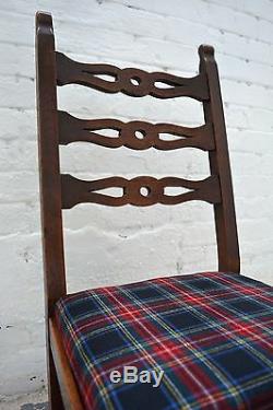 6 Antique rustic farmhouse high back upholstered dining chairs in tartan wool