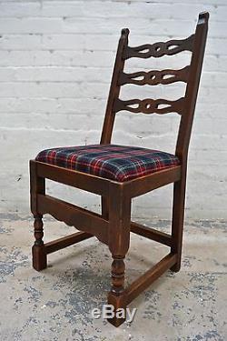 6 Antique rustic farmhouse high back upholstered dining chairs in tartan wool