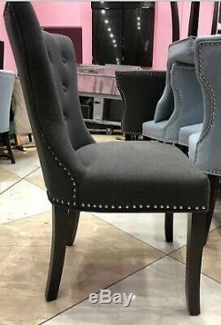 6 Dark Grey Chairs, Regent Button Back Dining Chairs, Wool Upholstered