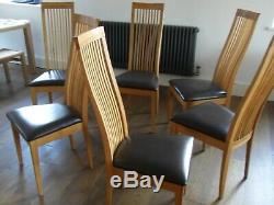 6 Habitat solid oak high back dining chairs with brown leather upholstered seat