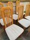 6 Oak Dining Chairs, (plus One Needing Repair), Beige Fabric Upholstery