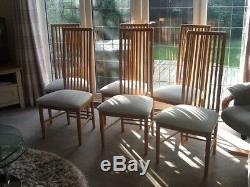 6 Solid Light Oak Dining Chairs with Upholstered Oyster Seat & Spindle Back
