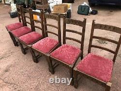 6 Vintage Wooden Farmhouse Dining Chairs With Upholstered Seats