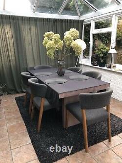 6pcs Grey upholstered mid century dining chairs, wooden legs, Great Condition