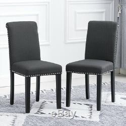 6x Dining Chairs Dark Grey Upholstered Fabric with Rivets Wood Legs Diningroom