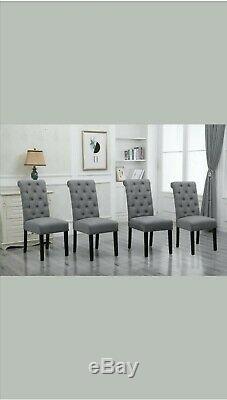 6x Grey Button Tufted High Back Dining Chairs Fabric Upholstered Room Kitchen