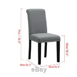 6x Grey Fabric High Back Upholstered with Rivets Dining Chairs Wood Leg Diningroom