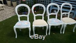 8 balloon back white, upholstered shabby chic chairs, laura ashley seats gc