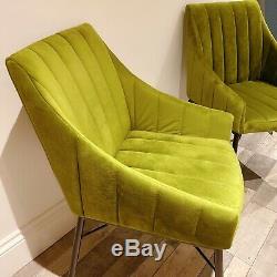 A Pair Of Dining Armchair, Velvet Upholstered, Green With Black Metal Legs