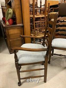 A Set Of Eight Newly Upholstered Oak Lancashire Ladder Back Dining Chairs