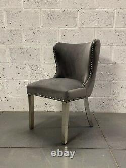 Amalfi Dark Grey Velvet Dining Chair Metal Legs Lion Knocker Button Stud Detail