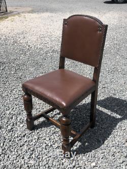 Antique 1930's Set Of 6 Solid Oak Leather Upholstered Dining Chairs
