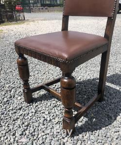 Antique 1930's Set Of 6 Solid Oak Leather Upholstered Dining Chairs
