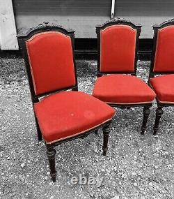 Antique 19th Century French Set Of 6 Ebonised Walnut & Upholstered Dining Chairs