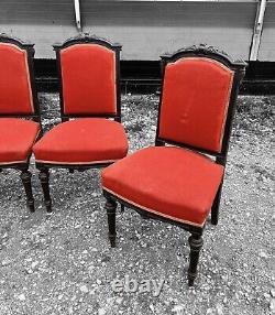 Antique 19th Century French Set Of 6 Ebonised Walnut & Upholstered Dining Chairs