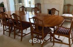 Antique Extending Dining Table & 8 Chairs Polished yew with Upholsted Seats
