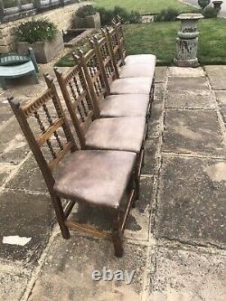 Antique Oak Dining Chairs, Leather Upholstered, Finished Metal Studs Studding x6
