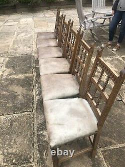 Antique Oak Dining Chairs, Leather Upholstered, Finished Metal Studs Studding x6