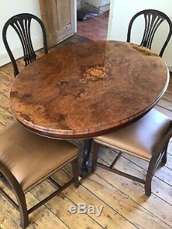 Antique Solid Burr Walnut Oval Dining Table And 4 Leather Upholstered Chairs