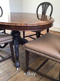 Antique Solid Burr Walnut Oval Dining Table And 4 Leather Upholstered Chairs
