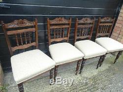 Antique Style Set Of 4 Dark Oak Spindle-Back Dining Chairs Upholstered Seats