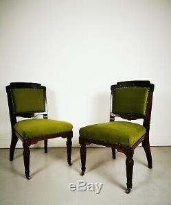 Antique Victorian Pair Of Carved Dining Chairs Newly Upholstered