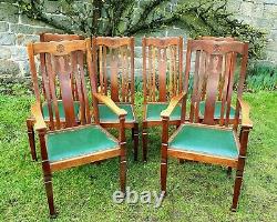 Arts & Crafts Set of 6 Oak Upholstered Dining Chairs & Carvers Edwardian C1910