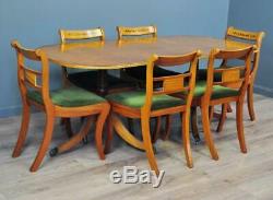 Attractive Large Yew Wood Dining Table & 6 Upholstered Chairs