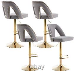 Bar Stools Set of 4 Upholstered Velvet Adjustable Height Swivel Bar Chairs Grey