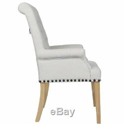 Beaded Cream Fabric Upholstered Light Oak Dining Chair with Heavy Metal Knocker
